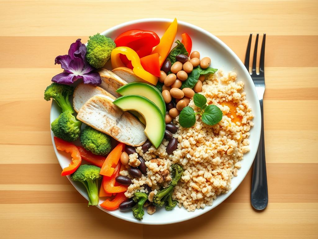 Balanced plate showing proper proportions of low GI foods for a meal Balanced plate showing proper proportions of low GI foods for a meal