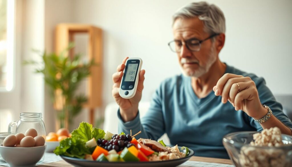 Person measuring blood sugar levels while healthy low GI foods are displayed nearby Person measuring blood sugar levels while healthy low GI foods are displayed nearby