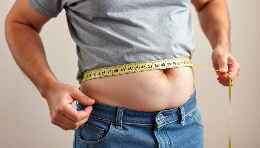 Person measuring their waist circumference, a risk factor for prediabetes Person measuring their waist circumference, a risk factor for prediabetes