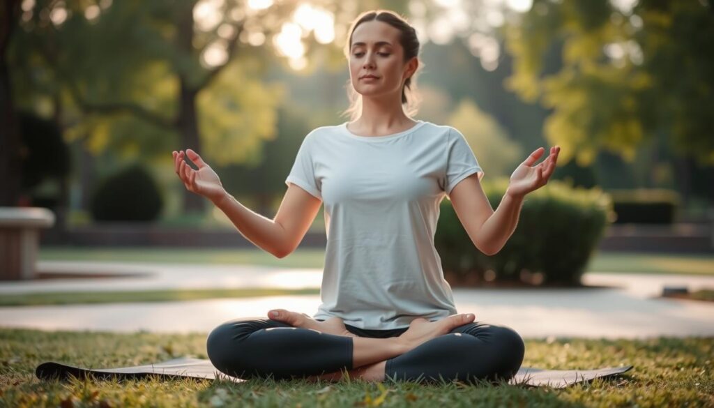 Person practicing stress-reducing meditation outdoors Person practicing stress-reducing meditation outdoors