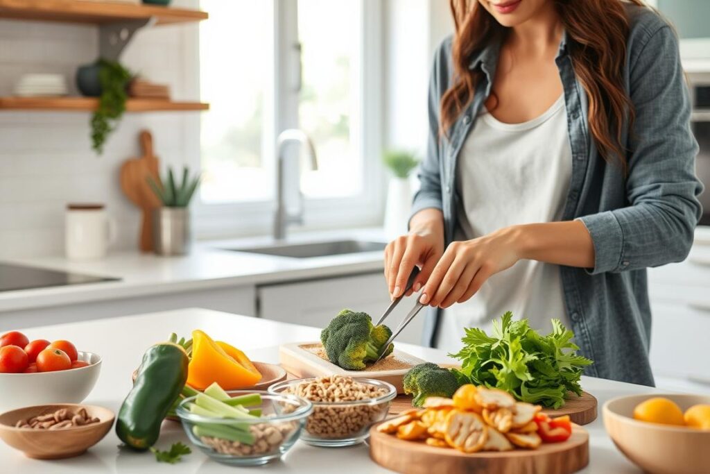 Person preparing a balanced low glycemic index meal in a kitchen Person preparing a balanced low glycemic index meal in a kitchen