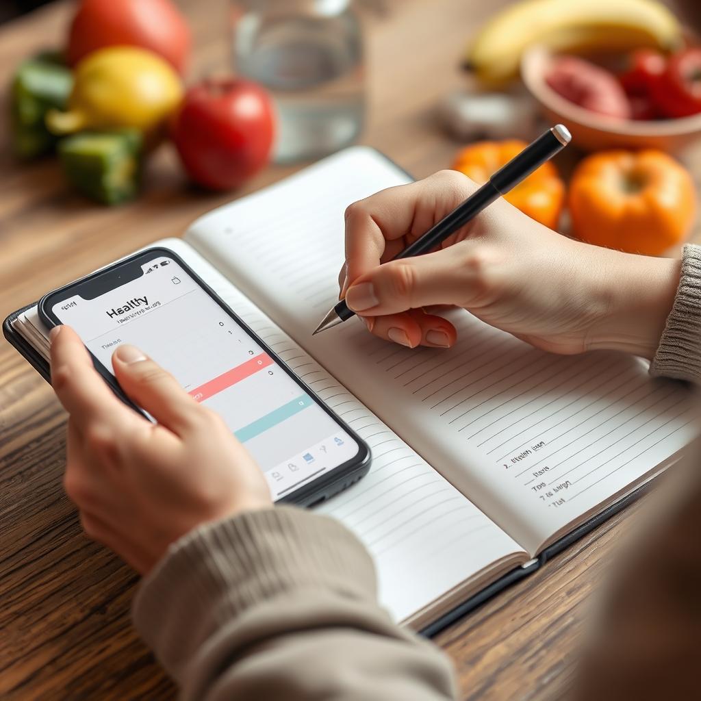 Person tracking their progress in a health journal Person tracking their progress in a health journal