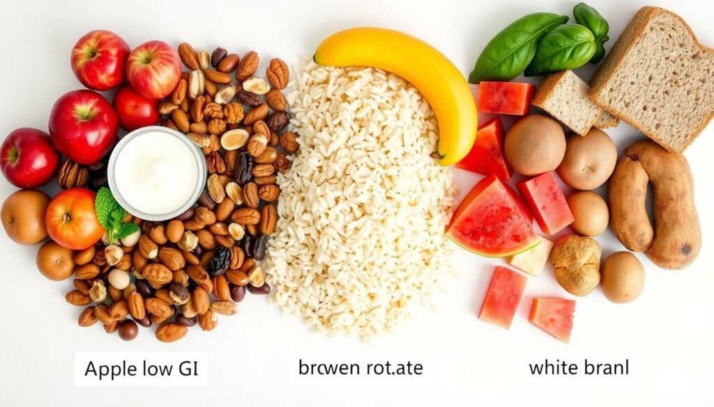 Various foods arranged by their glycemic index values from low to high Various foods arranged by their glycemic index values from low to high